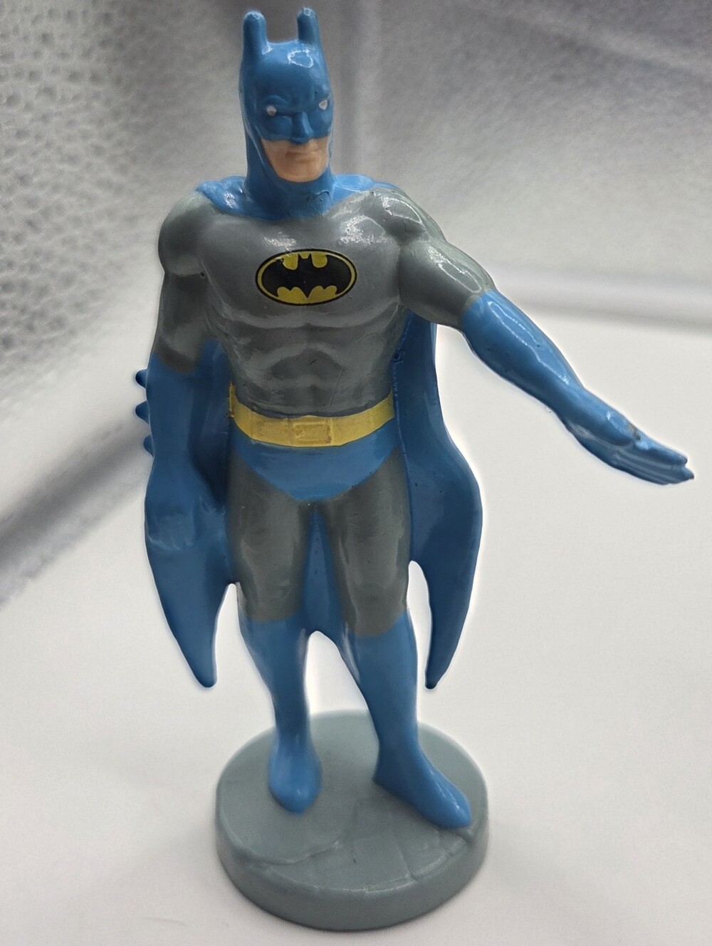 Vintage Batman Action Figure Gray Blue Black Yellow w/ Cape & Display Stand